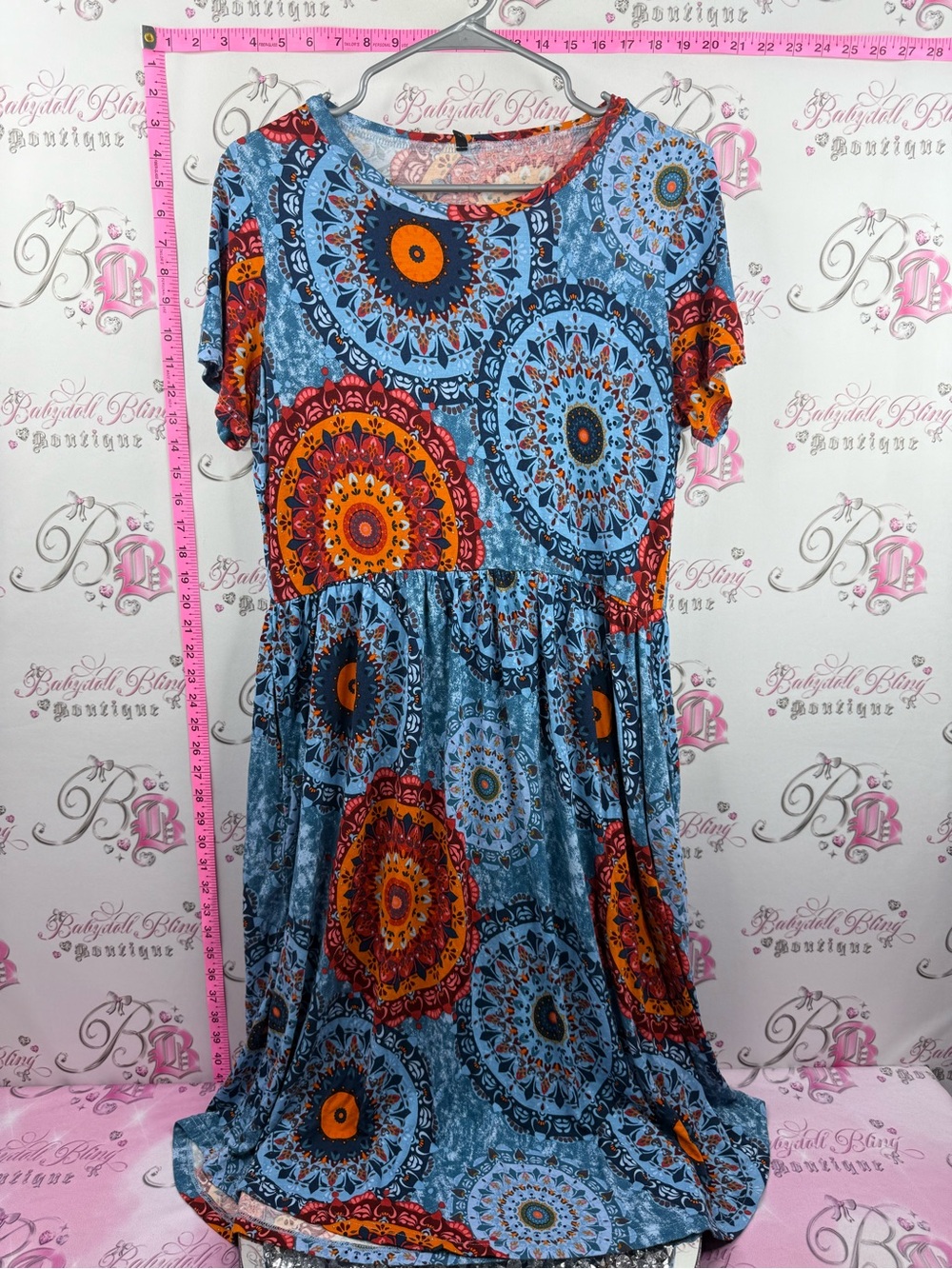 Boho dress long style paisley floral Medallion Blue & Orange Short Sleeve Dress